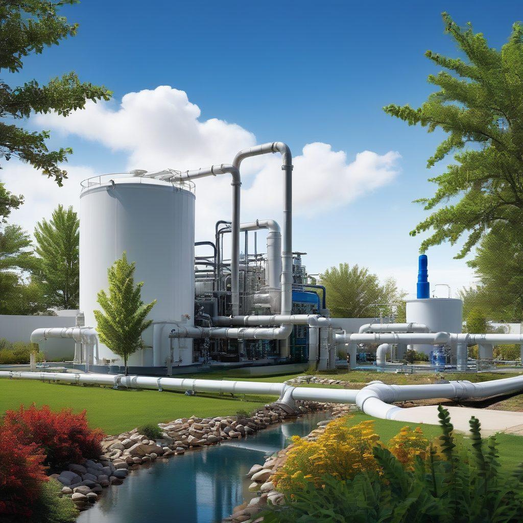 A collage showcasing various American filtration systems within a home and an industrial setting, highlighting their intricate designs and functionalities. Depict vibrant pipes, filters, and tanks seamlessly blending residential and industrial themes, symbolizing efficiency and innovation. Add a backdrop with clean blue skies and green landscapes to emphasize sustainability. super-realistic. vibrant colors. white background.