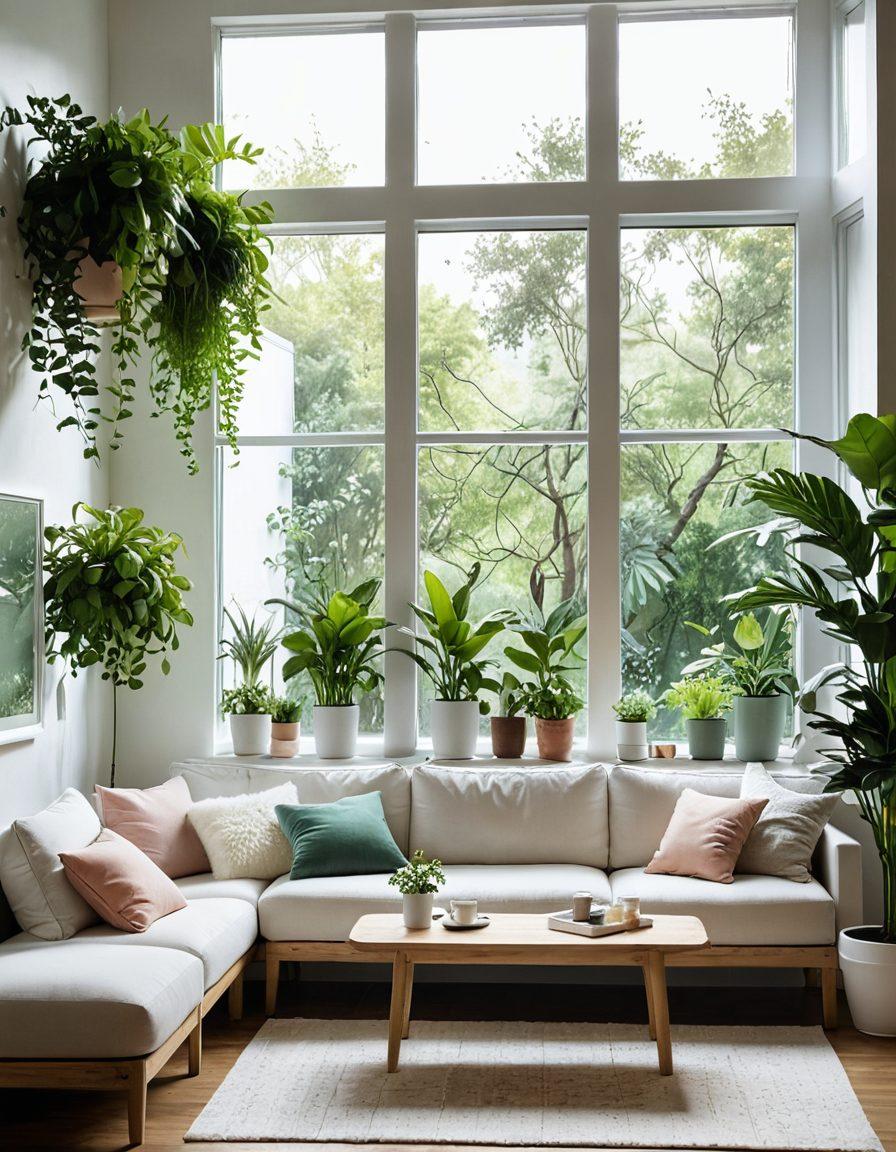 A serene indoor space featuring various air and water filters with labels for easy identification, surrounded by lush green plants that signify a clean environment. Include a sunlit window showcasing bright natural light and a cozy seating area for relaxation. Infuse a sense of cleanliness and tranquility through soft colors and gentle textures. super-realistic. vibrant colors. clean white background.