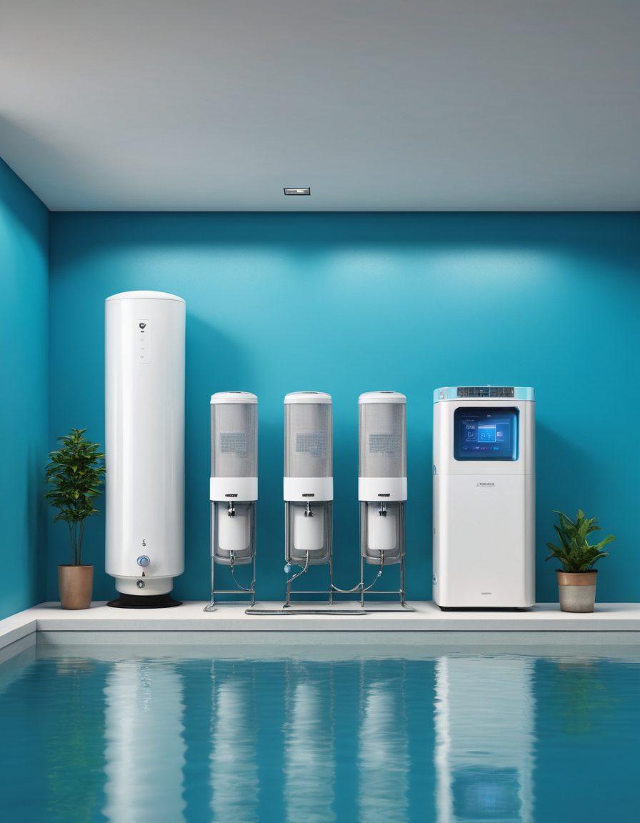 A visually appealing collage showcasing various filtration systems in a modern home and industrial setting, featuring sleek water filters, air purifiers, and HVAC systems. Highlight the connection between healthy living spaces and advanced filtration technology, with vibrant colors enhancing the realism. Include subtle icons representing cleanliness and freshness in the background. digital illustration. vibrant colors. super-realistic.